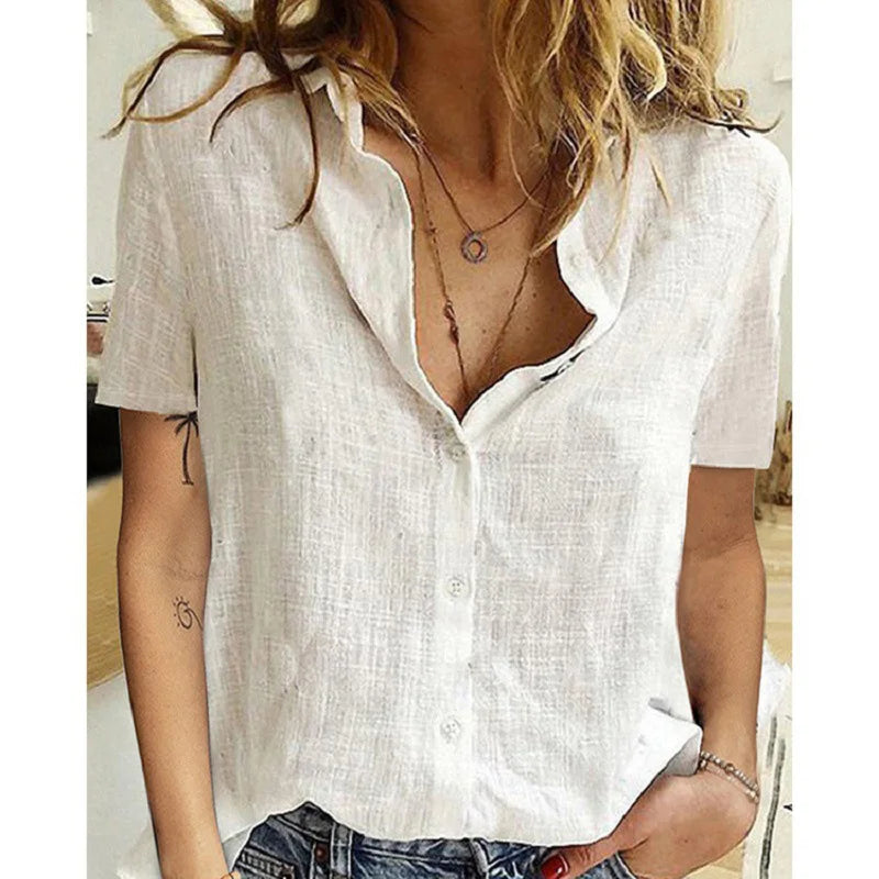 Linen Oversized Shirt - Short Sleeve, Loose Blouse
