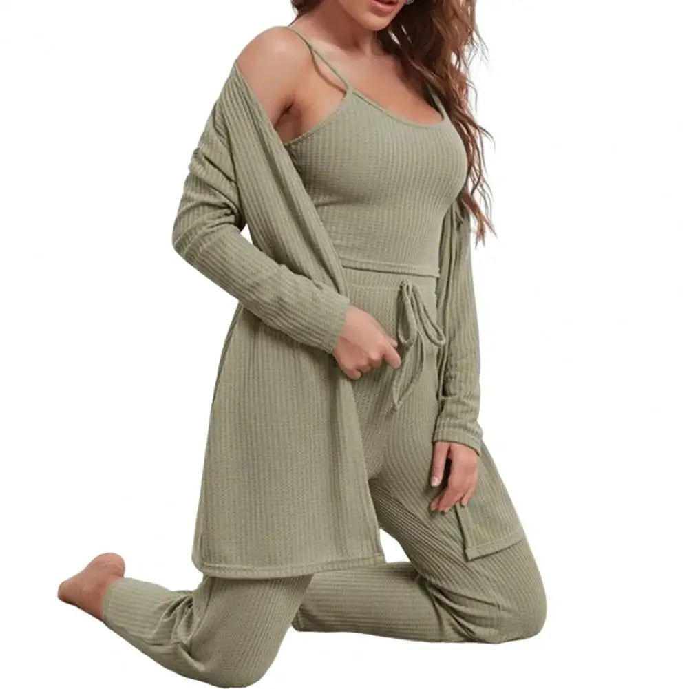 3-Piece Set - Sleeveless Tank Crop Top With Leg Waist Pants + Long Sleeve Cardigan Coat