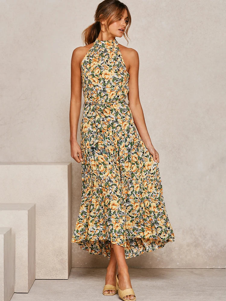 Summer Long Dress Polka Dot Casual Dresses Sexy Halter Strapless New 2024 Yellow Sundress Vacation Clothes For Women - Mammalook