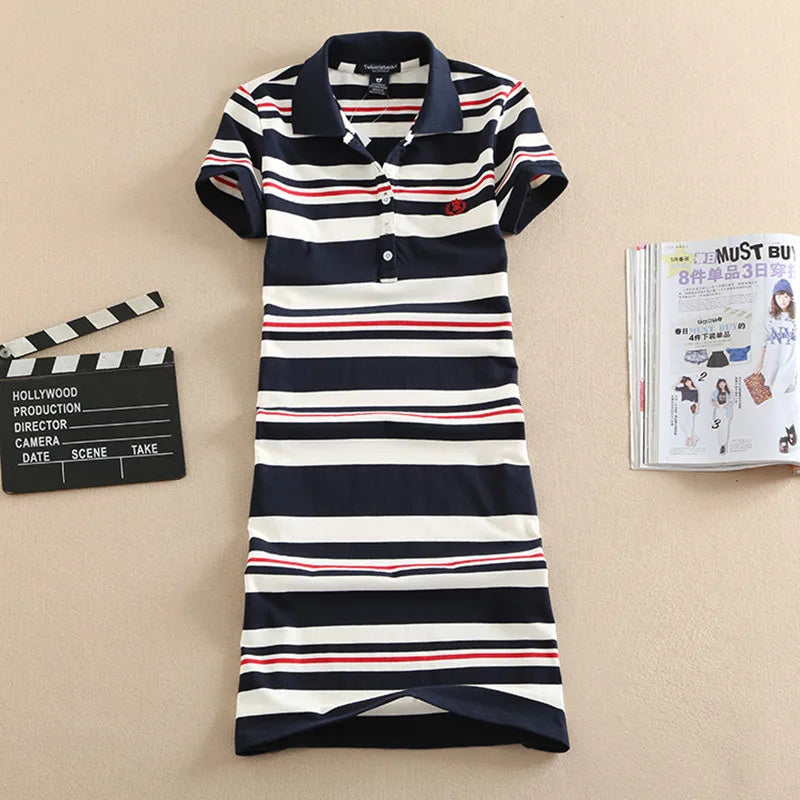 Embroidery Striped Polo 2024 Print Party Casual Dresses De Festa T Shirt Femme Summer Sexy Club Evening Robe Women Ete Vestidos - Mammalook