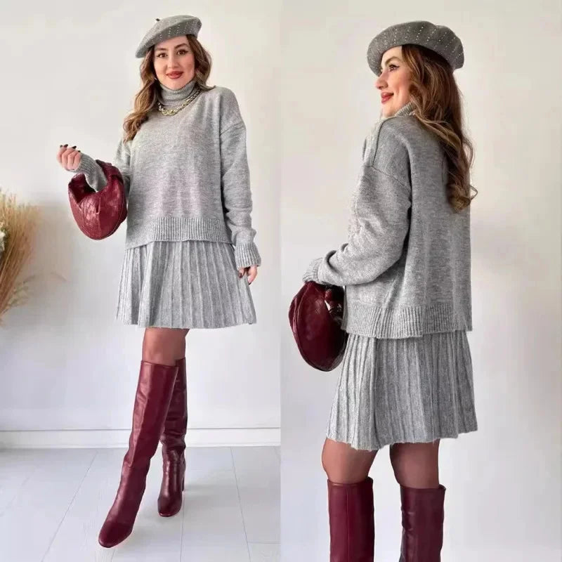 Turtleneck Knit Pullover Set: Women’s Long-Sleeve Sweater with Pleated Mini Skirt