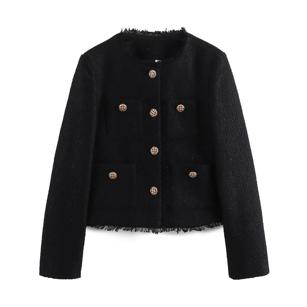 Women’s Chic Tweed Jacket – Long Sleeve Wool-Blend Buttoned Coat