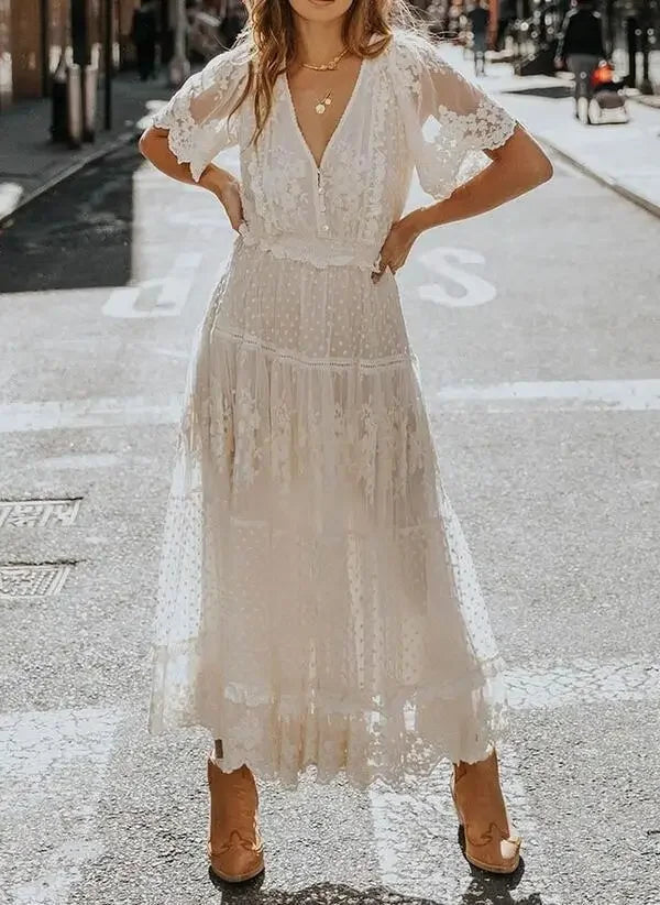 Elegant Dress Women Off Shoulder Lace Patchwork Dress Casual Bohemian Deep V Neck Short Sleeve Loose Vestidos Summer Dresses - Mammalook
