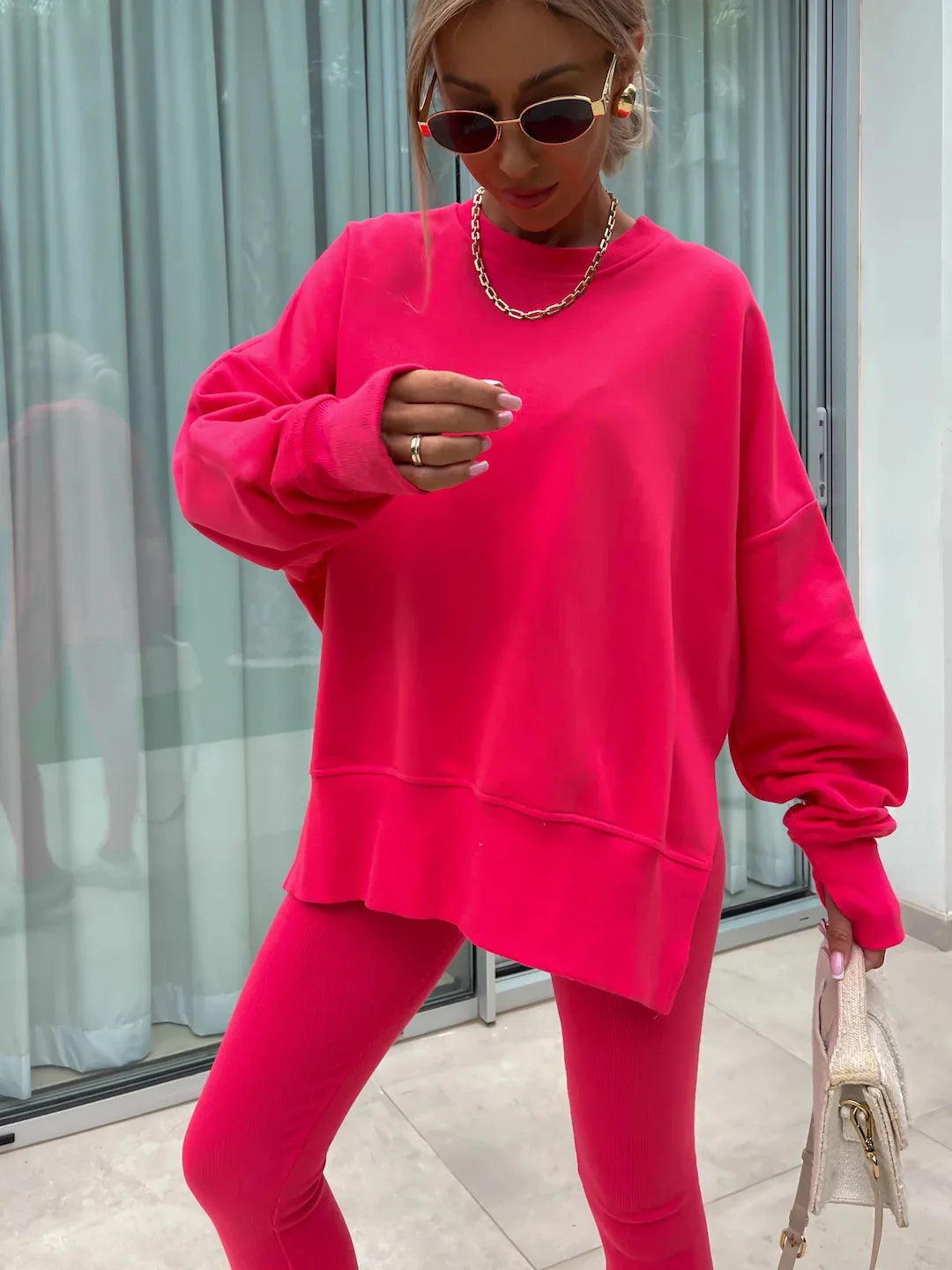 Two-Piece Tracksuit: Solid Loose Sweatshirt with Split Pullover and Pencil Pants