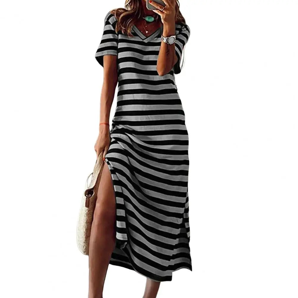 Summer Dresses 2024 Woman Plus Size Dresses For Women Casual Stripe Print V-neck Short Sleeve Loose Long Dress Robe Femme - Mammalook