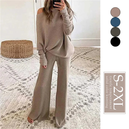 Pant Suits - Women Outfits Knitted Pullover off shoulder
