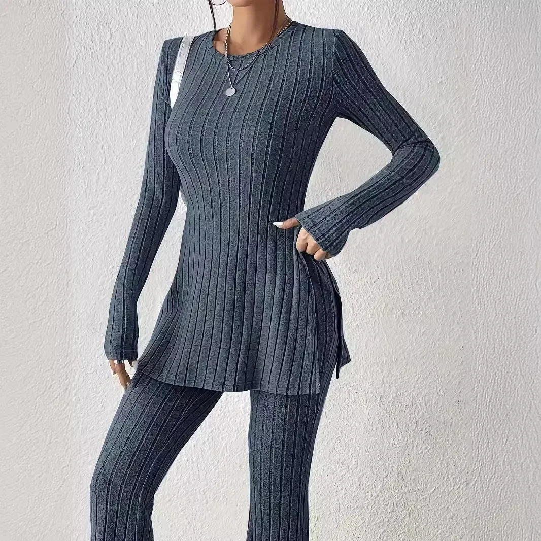Ribbed Knit Loungewear Set – Long Sleeve Top & Trousers