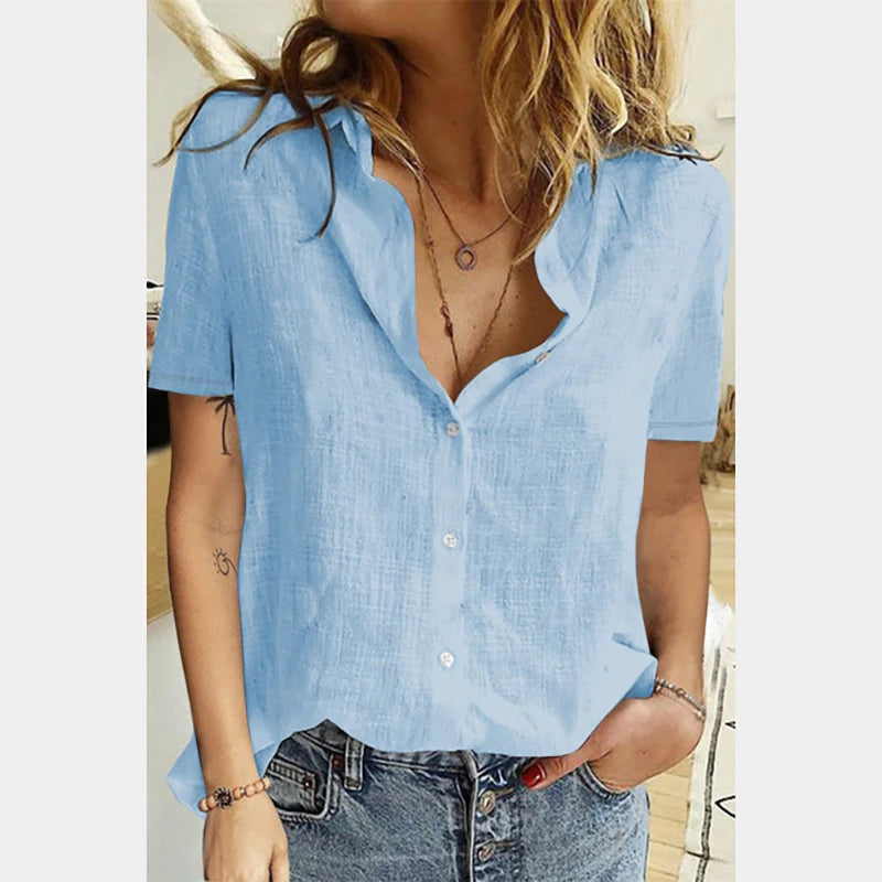 Linen Oversized Shirt - Short Sleeve, Loose Blouse