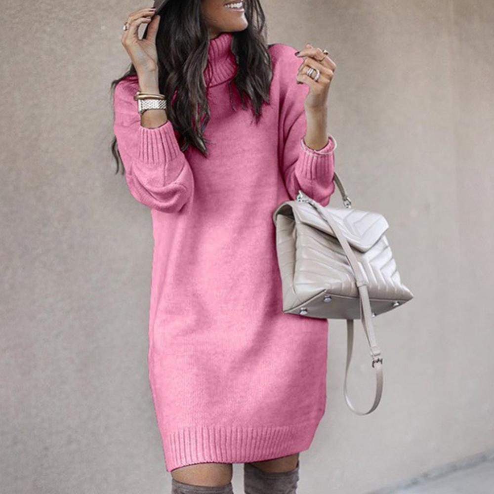 Women's Turtleneck Knitted Sweater Dress – Loose Fit Knee-Length Winter Pullover