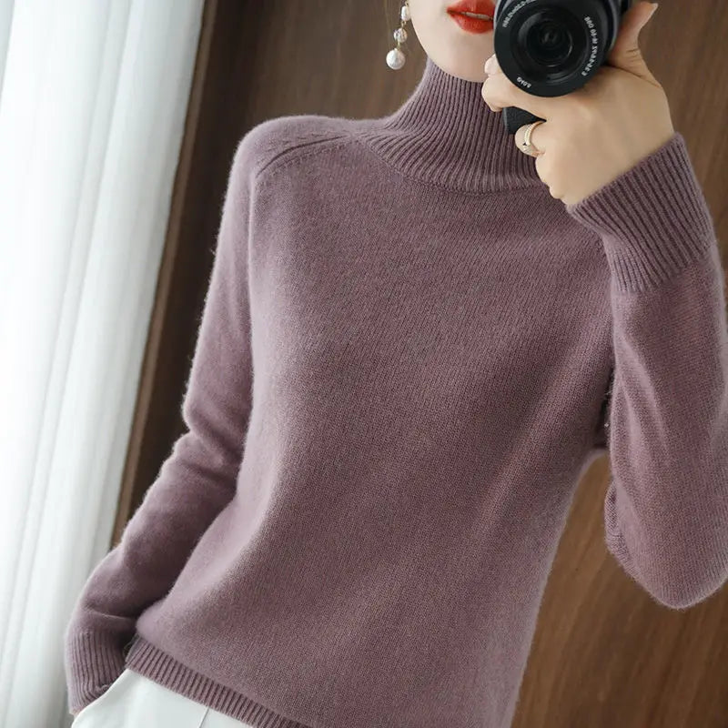 Turtleneck Pullover Fall/winter 2024 Cashmere Sweater Women Pure Color Casual Long-sleeved Loose Pullover Bottoming Women's - Mammalook
