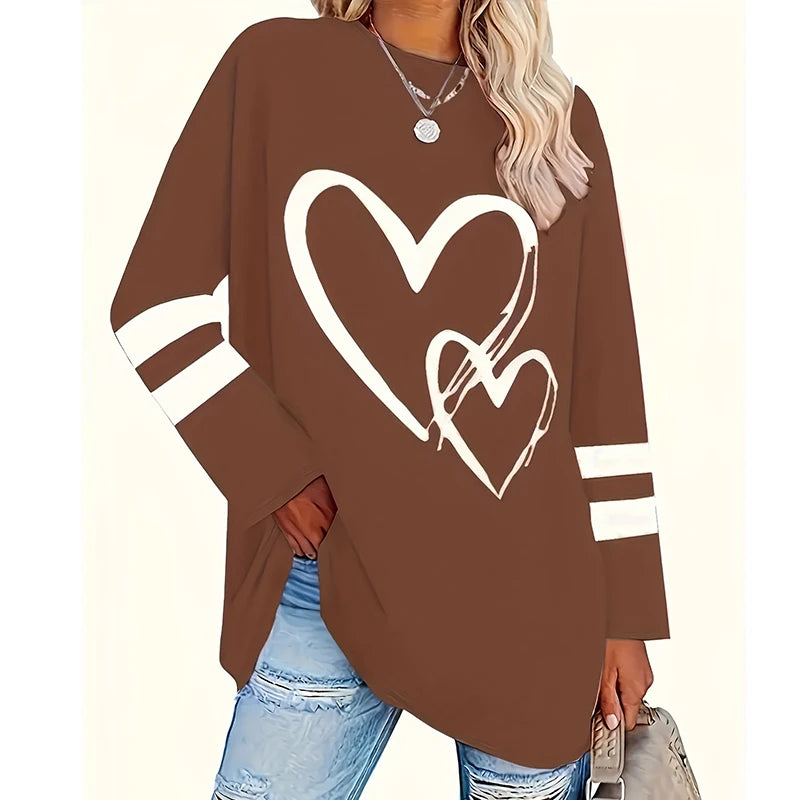 Plus Size Heart Eyelet Long Sleeve Top – Casual Autumn/Winter Tee