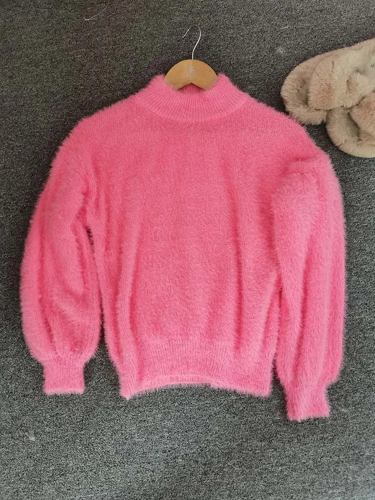 White Mohair Thicken Turtleneck Sweater Autumn Winter Sweet Fashion Lantern Sleeve Casual Solid Color Pullover pull femme - Mammalook