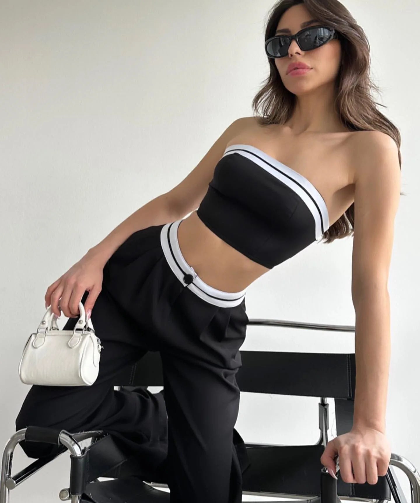 Two-Piece Solid Color Sleeveless Vest - Bra, Buttoned Pants Set