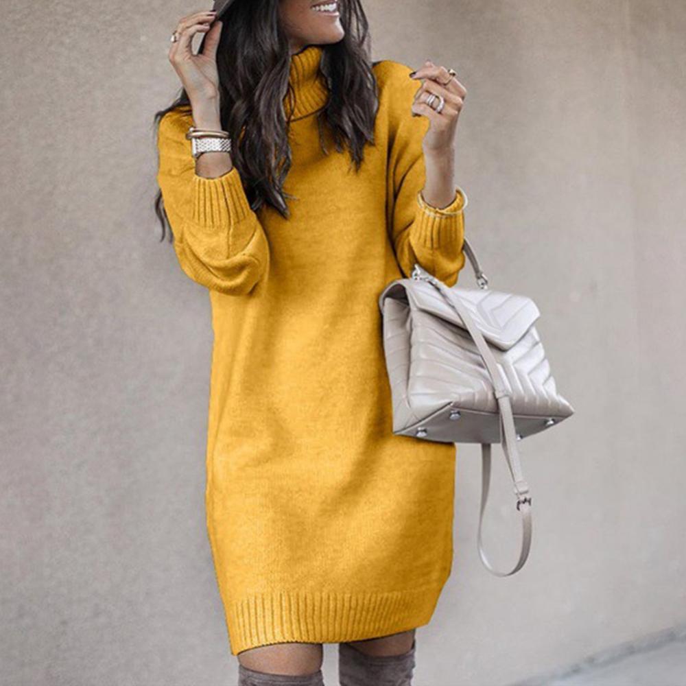 Women's Turtleneck Knitted Sweater Dress – Loose Fit Knee-Length Winter Pullover