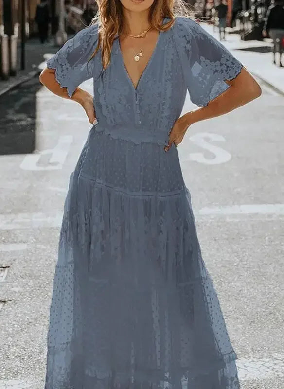 Elegant Dress Women Off Shoulder Lace Patchwork Dress Casual Bohemian Deep V Neck Short Sleeve Loose Vestidos Summer Dresses - Mammalook