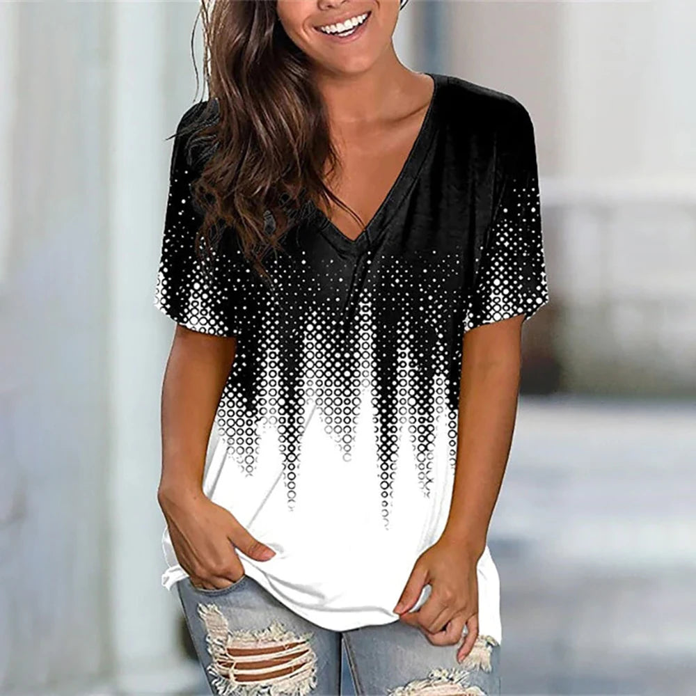 Fashion Women T Shirt Stripes Print Gradient V Neck Short Sleeve Basic Tops Streetwear Summer Oversized Clothing Female T-Shirts - Mammalook