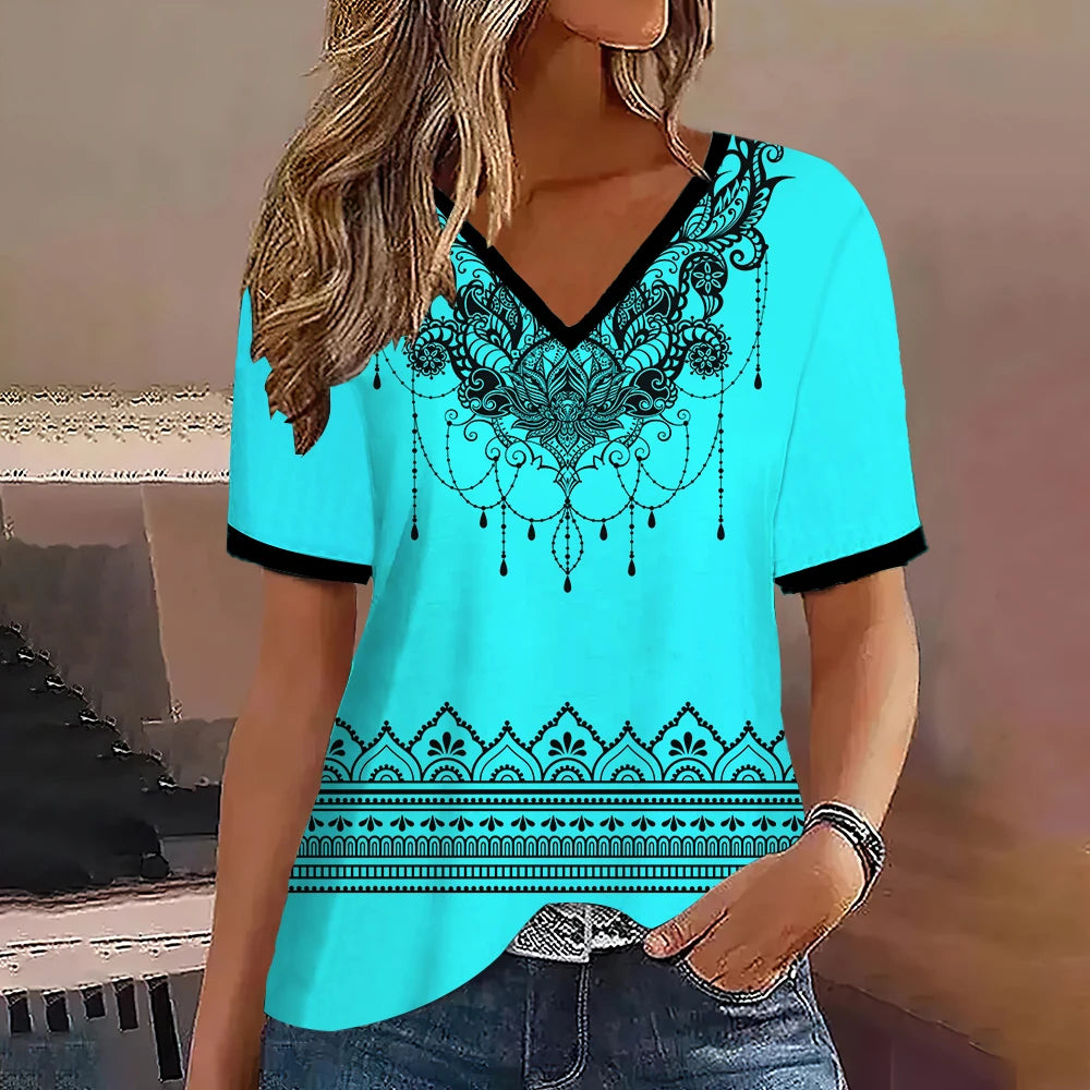 Fashion Women T Shirt Stripes Print Gradient V Neck Short Sleeve Basic Tops Streetwear Summer Oversized Clothing Female T-Shirts - Mammalook