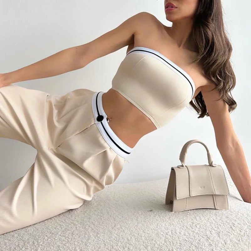 Two-Piece Solid Color Sleeveless Vest - Bra, Buttoned Pants Set