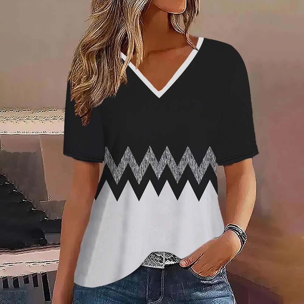 Fashion Women T Shirt Stripes Print Gradient V Neck Short Sleeve Basic Tops Streetwear Summer Oversized Clothing Female T-Shirts - Mammalook