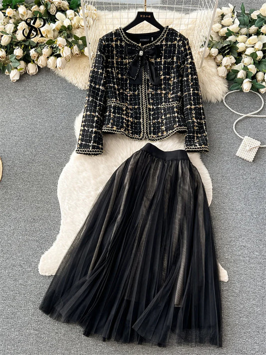 High Quality Plaid Suits Bow Chic Cardigan+Elastic Waist A Line Mesh Skirt