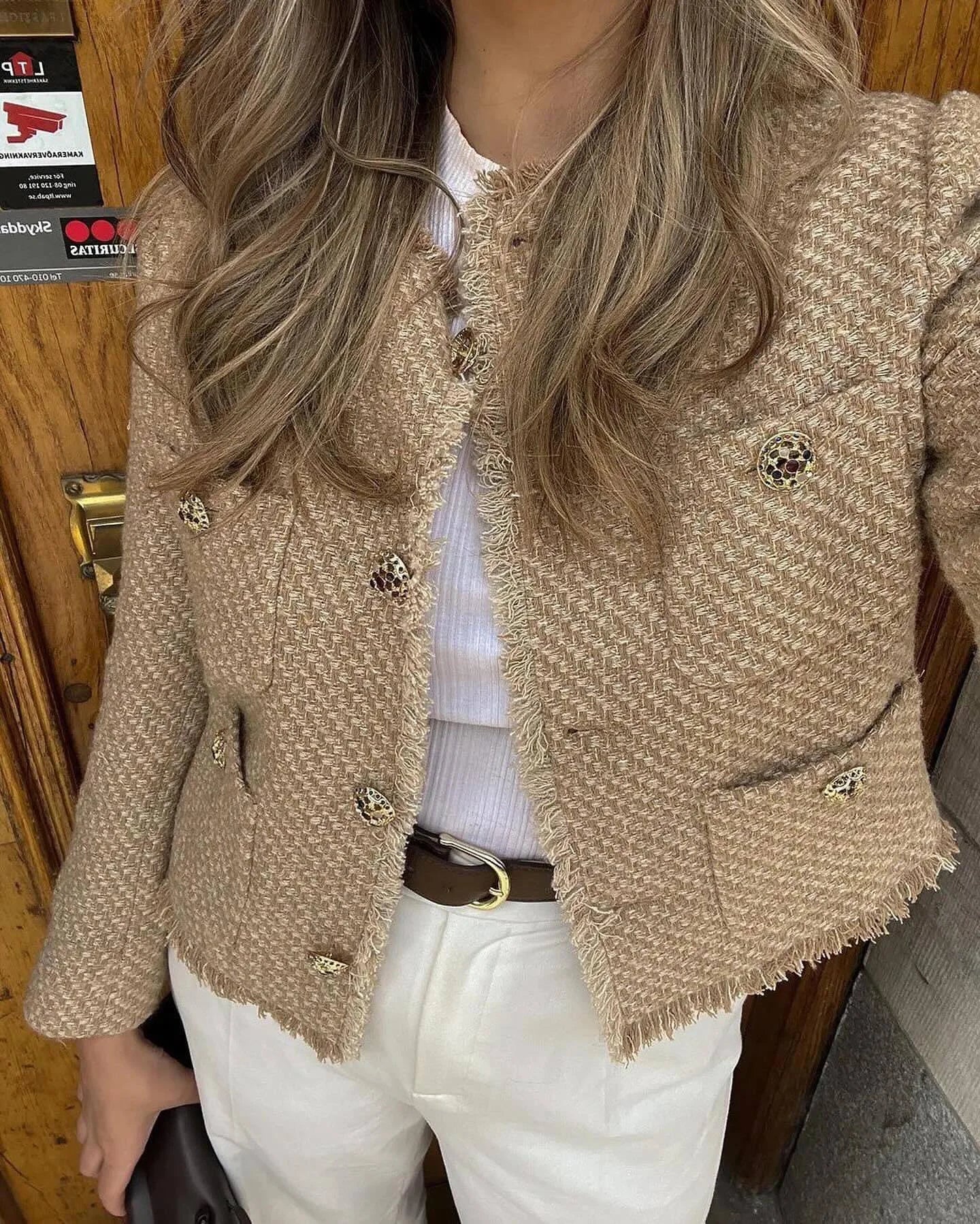 Women’s Chic Tweed Jacket – Long Sleeve Wool-Blend Buttoned Coat