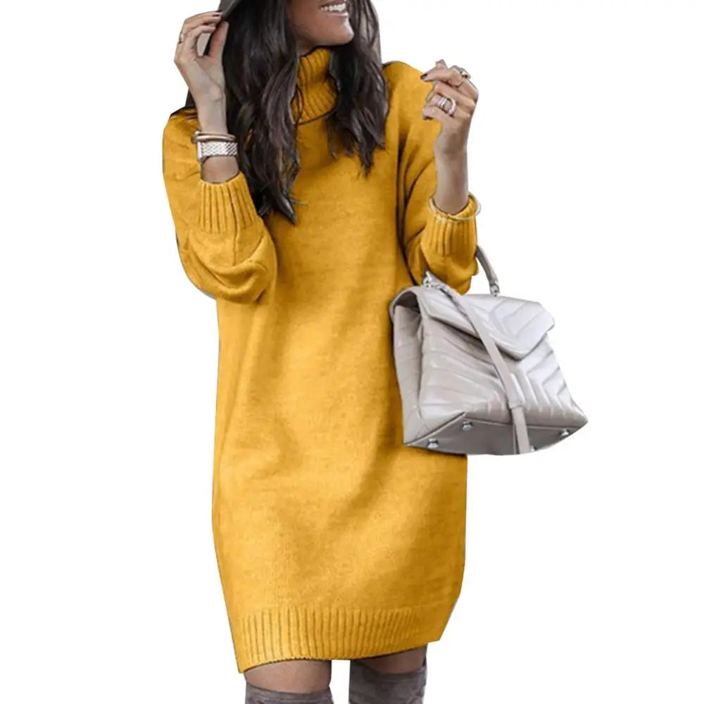 Women's Turtleneck Knitted Sweater Dress – Loose Fit Knee-Length Winter Pullover
