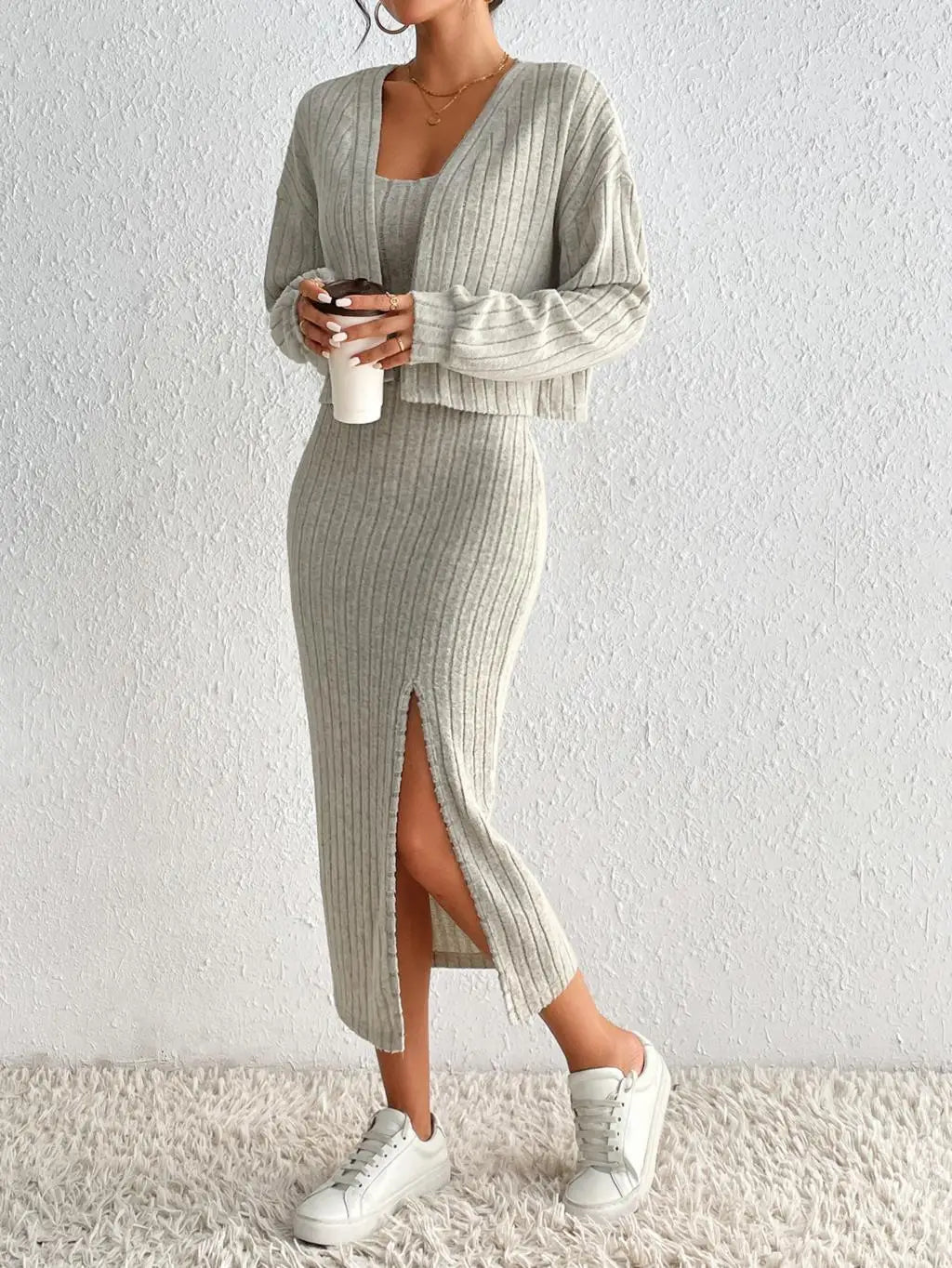 2-Piece Set – Slim Fit Long Sleeve Coat & Suspender Dress