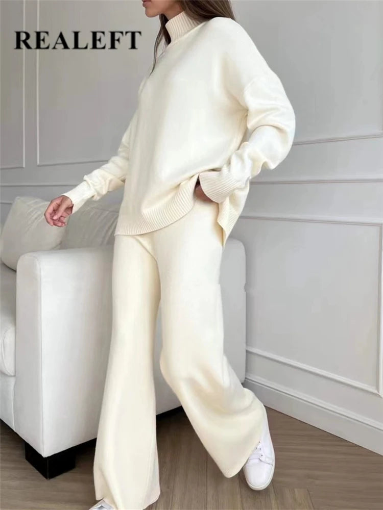 Two-Pieces Sets - Knitted Tracksuit Turtleneck Sweater and Straight Jogging Pants