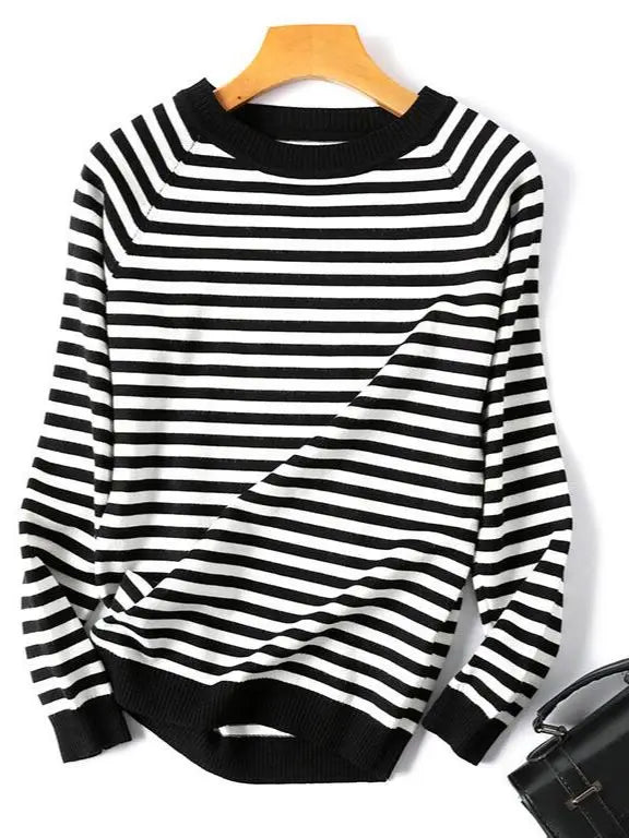 Womens Long Sleeve Striped Pullover O-Neck - Mammalook