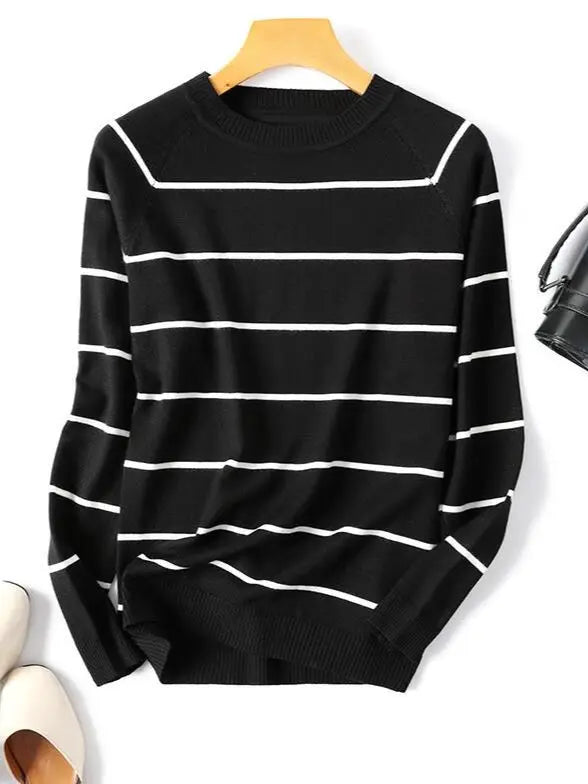 Womens Long Sleeve Striped Pullover O-Neck - Mammalook