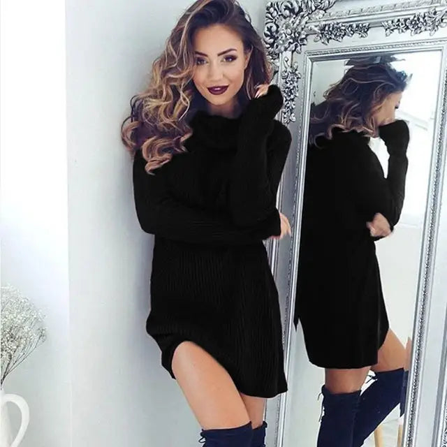 Women Turtleneck Knitted Sweaters Spring Autumn Long Sleeve Loose Elastic Pullover Long Sweater - Mammalook