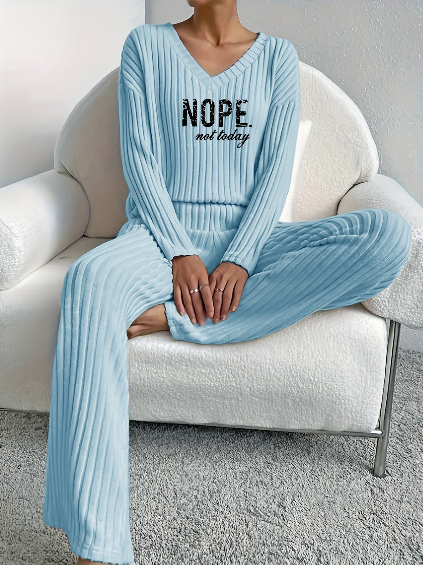 Women’s Casual Two-Piece Set: ‘NOPE’ Print V-Neck Long Sleeve T-Shirt & Solid Pants - Mammalook