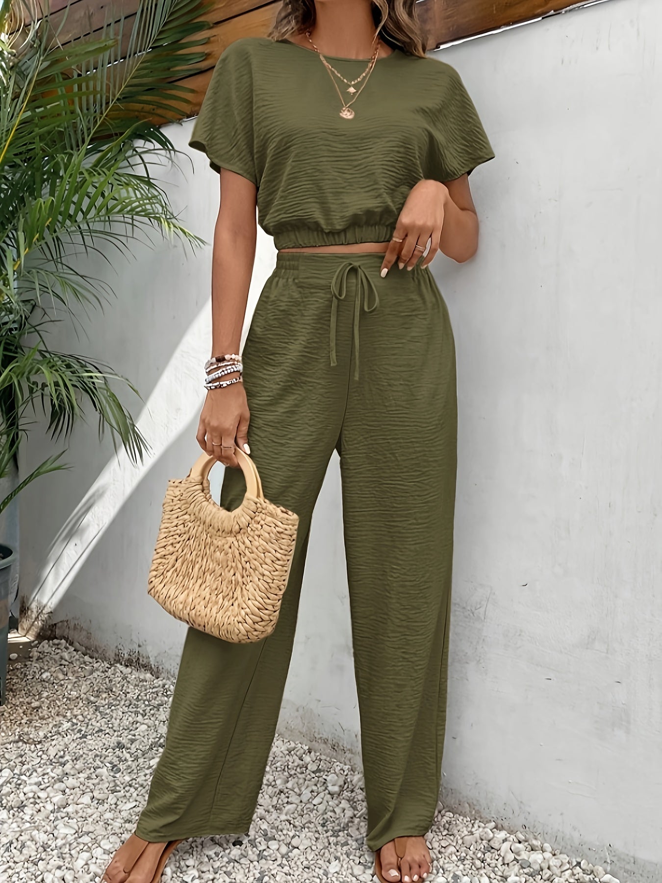 Solid Color Casual Pants Set, Crew Neck Short Sleeve Top & Tie Front Pants Outfits, Women's Clothing - Mammalook