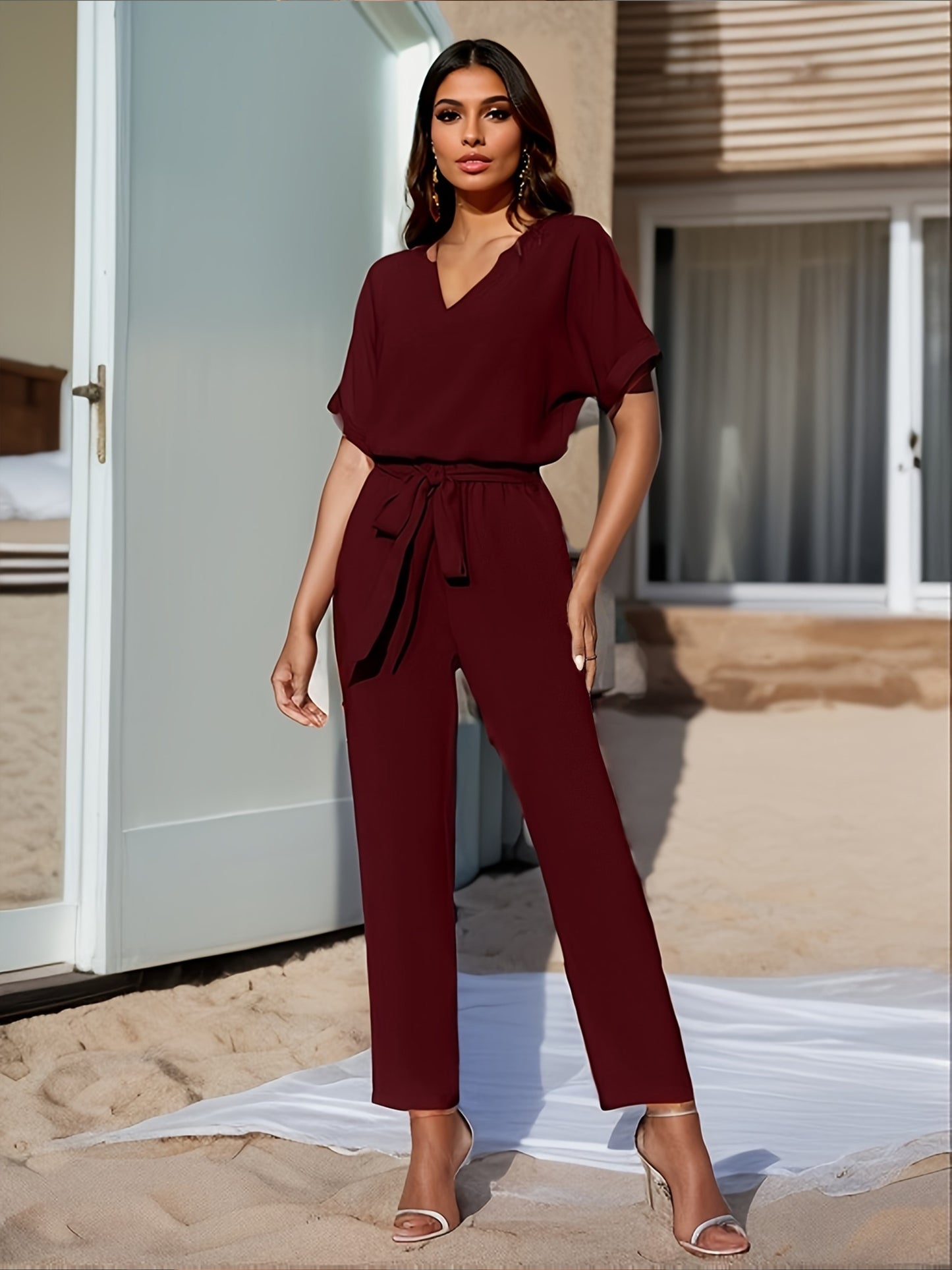 Elegant Solid Color Pants Set, Notched Neck Short Sleeve Blouse & Belted Straight Leg Simple Pants, Women's Clothing - Mammalook