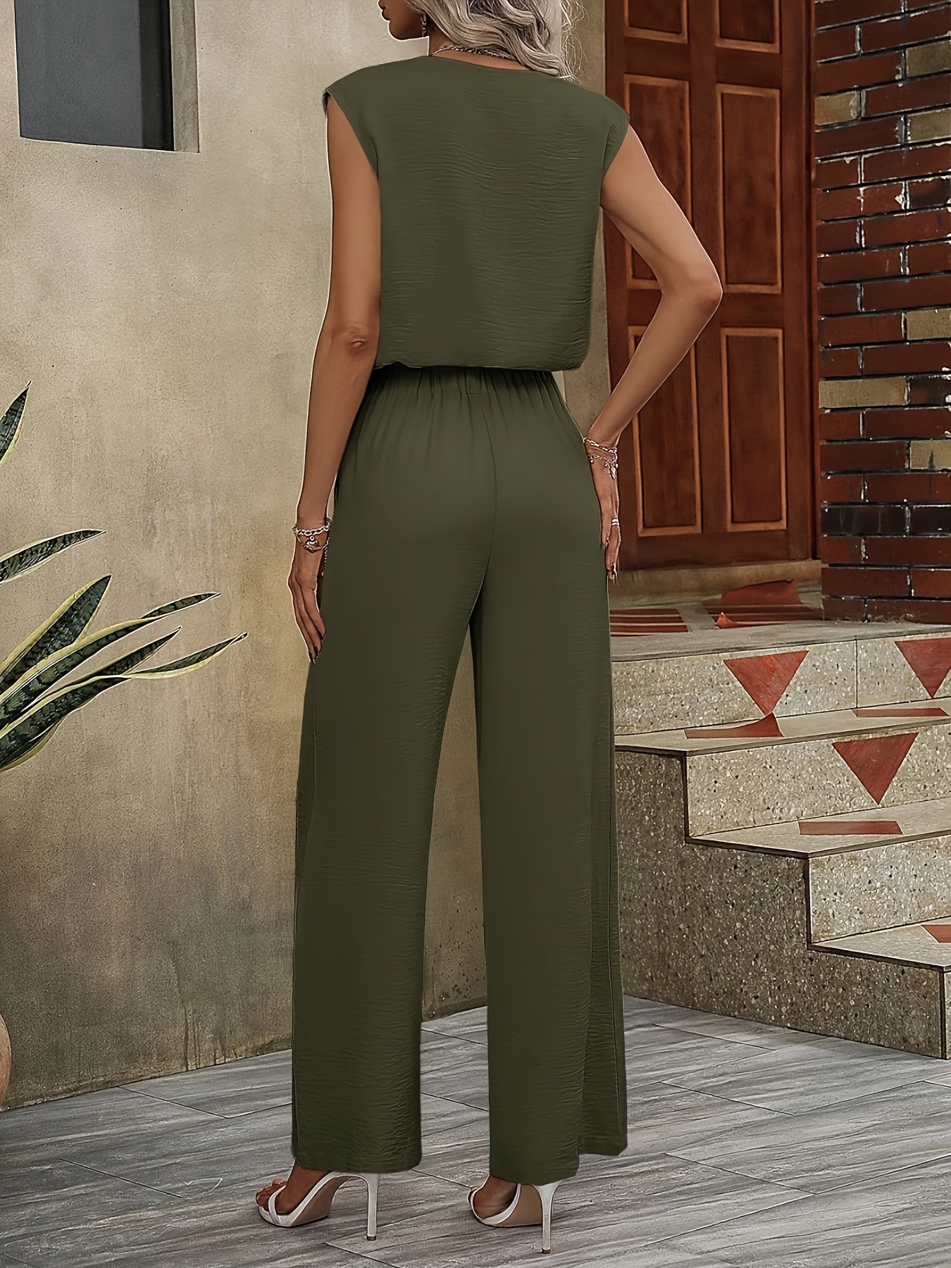 Vibrant Summer Pants Set for Women - Notched Collar V-Neck Tank Top & Belted Straight Leg Pants with No Elasticity - Polyester, Machine Washable, Solid Color, Elegant Style - Mammalook