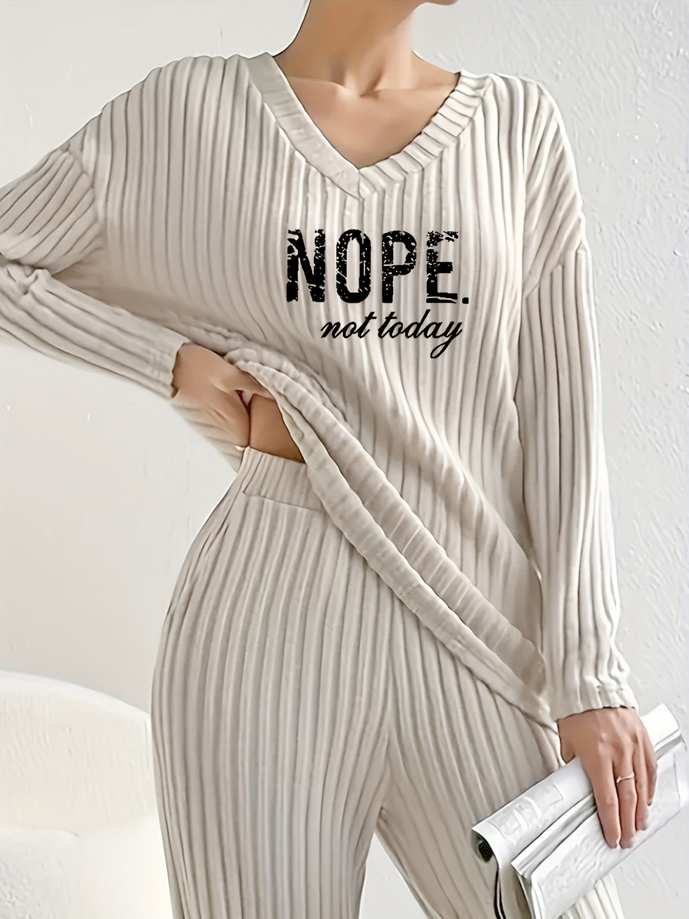 Women’s Casual Two-Piece Set: ‘NOPE’ Print V-Neck Long Sleeve T-Shirt & Solid Pants - Mammalook