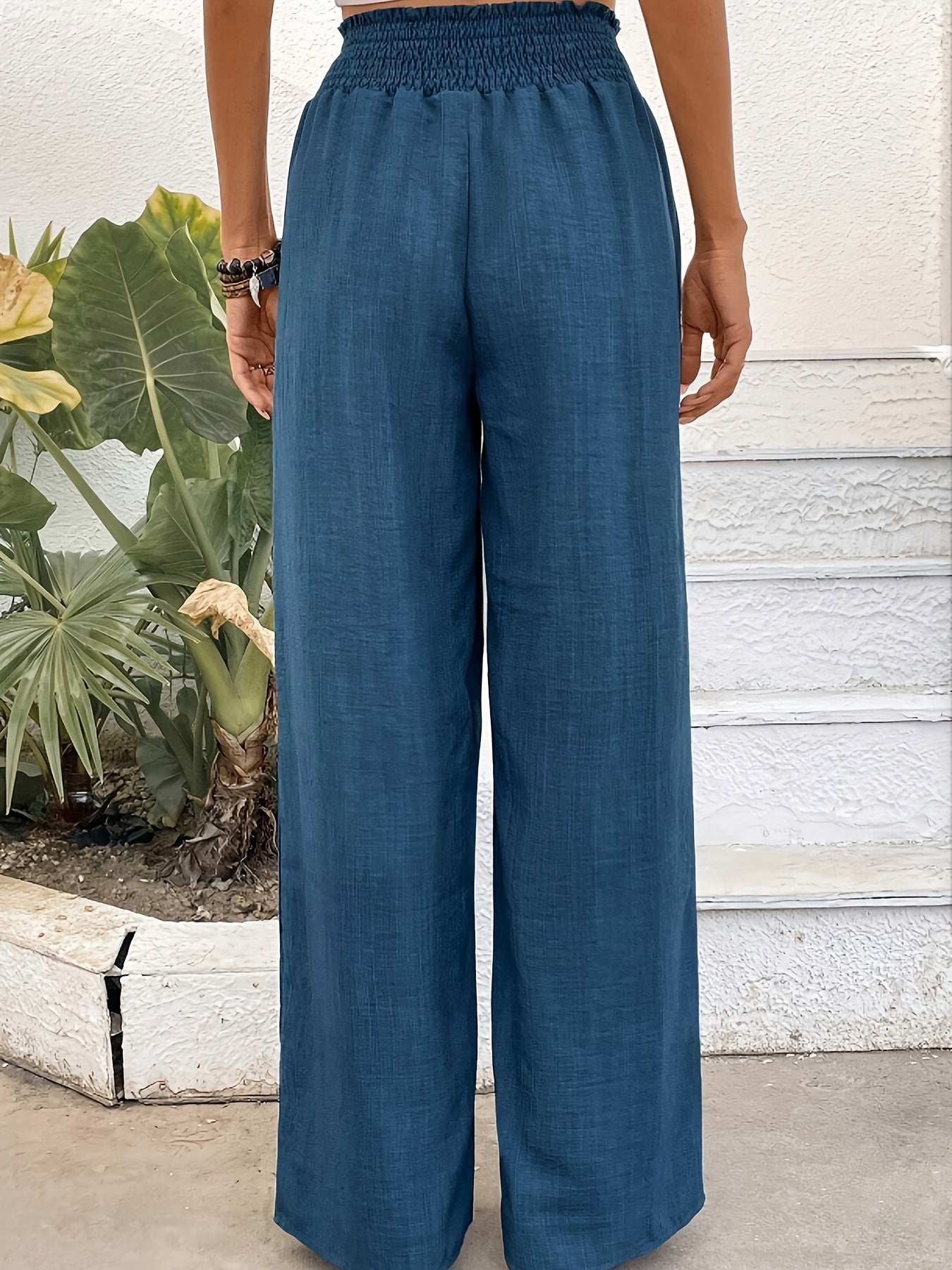 Solid Color Wide Leg Pants, Casual Shirred Loose Pants For Spring & Summer, Women's Clothing - Mammalook