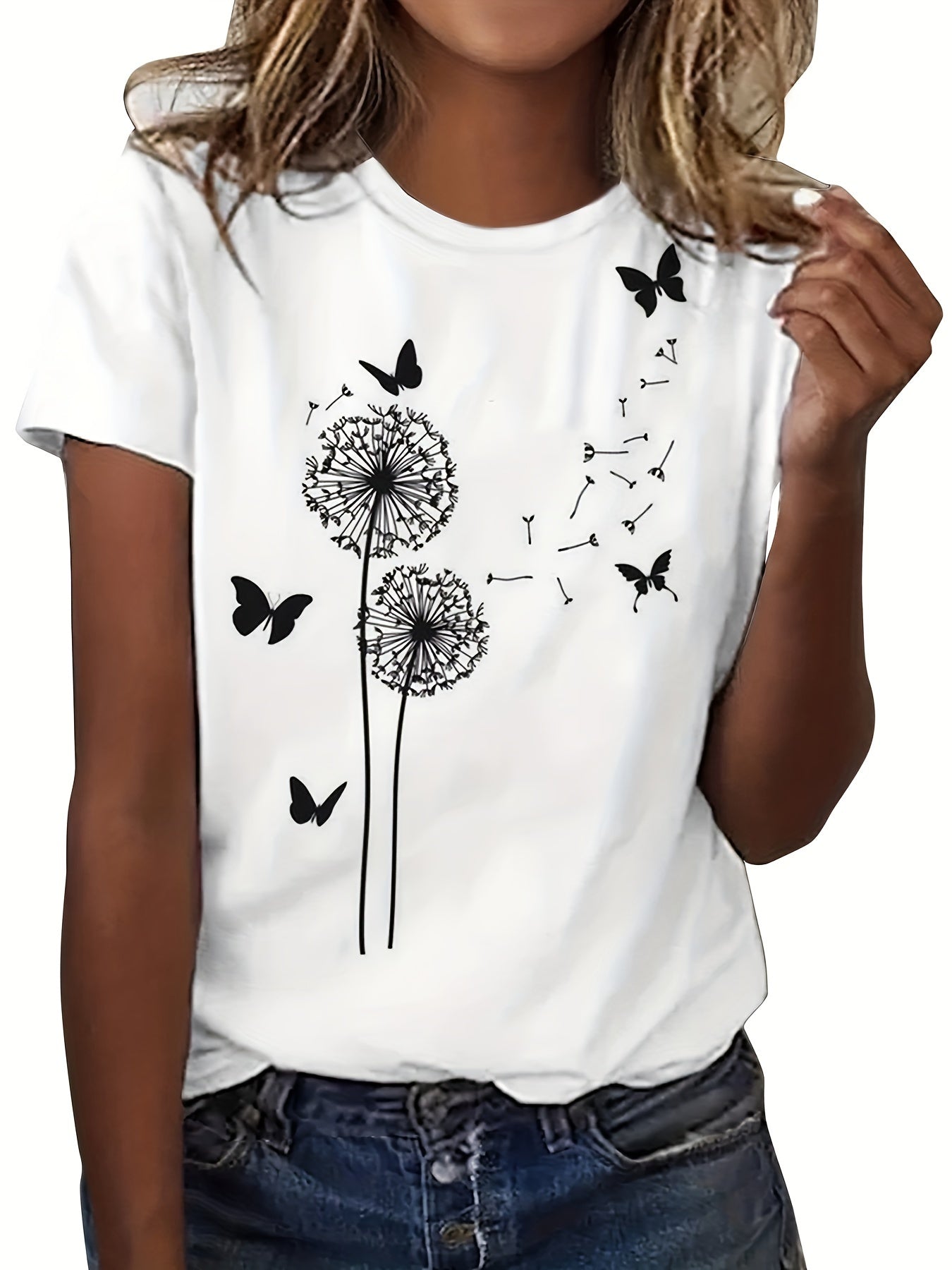 Dandelion & Butterfly Print T-Shirt, Casual Crew Neck Short Sleeve Top For Spring & Summer, Women's Clothing - Mammalook