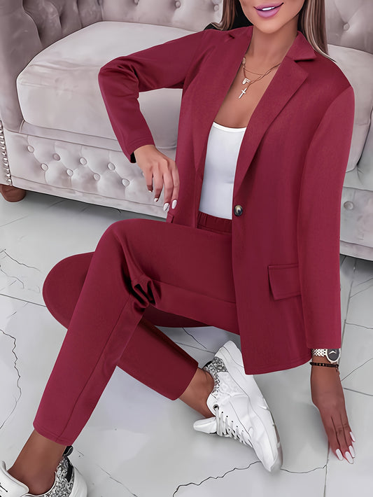 Casual Office & Work Pants Set, Single Breasted Lapel Blazer & Solid Color Simple Pants, Women's Clothing - Mammalook