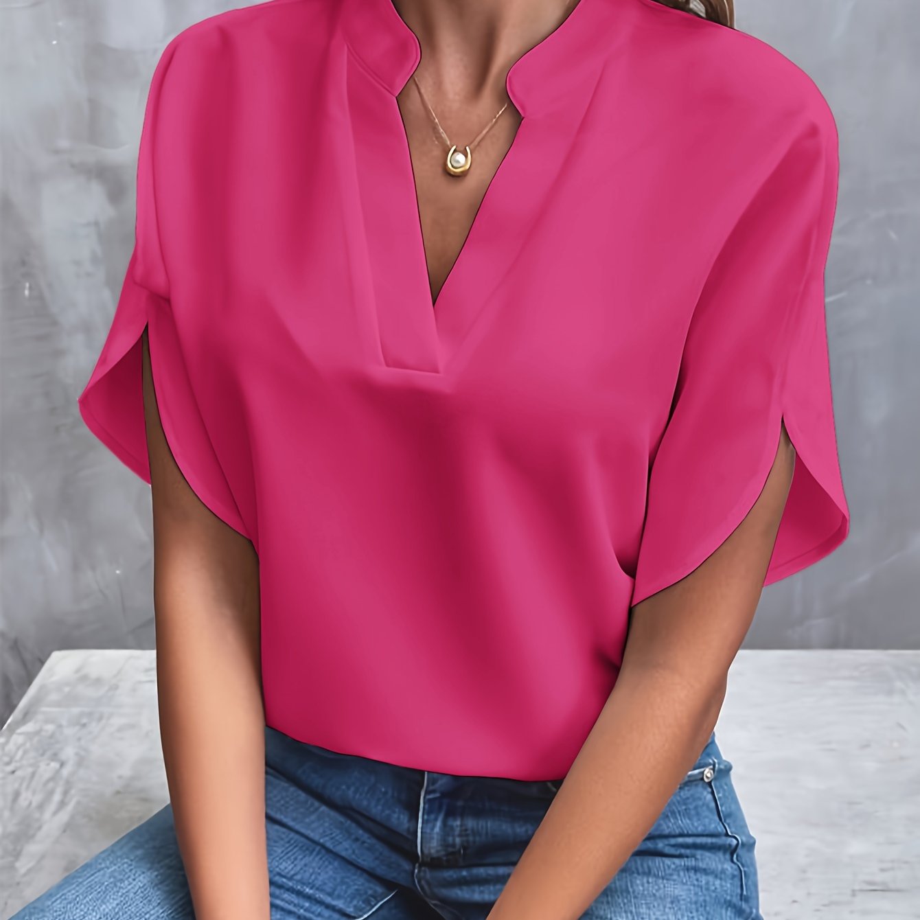 Solid Color Notch Neck Blouse, Casual Short Split Sleeve Blouse For Spring & Summer, Women's Clothing - Mammalook