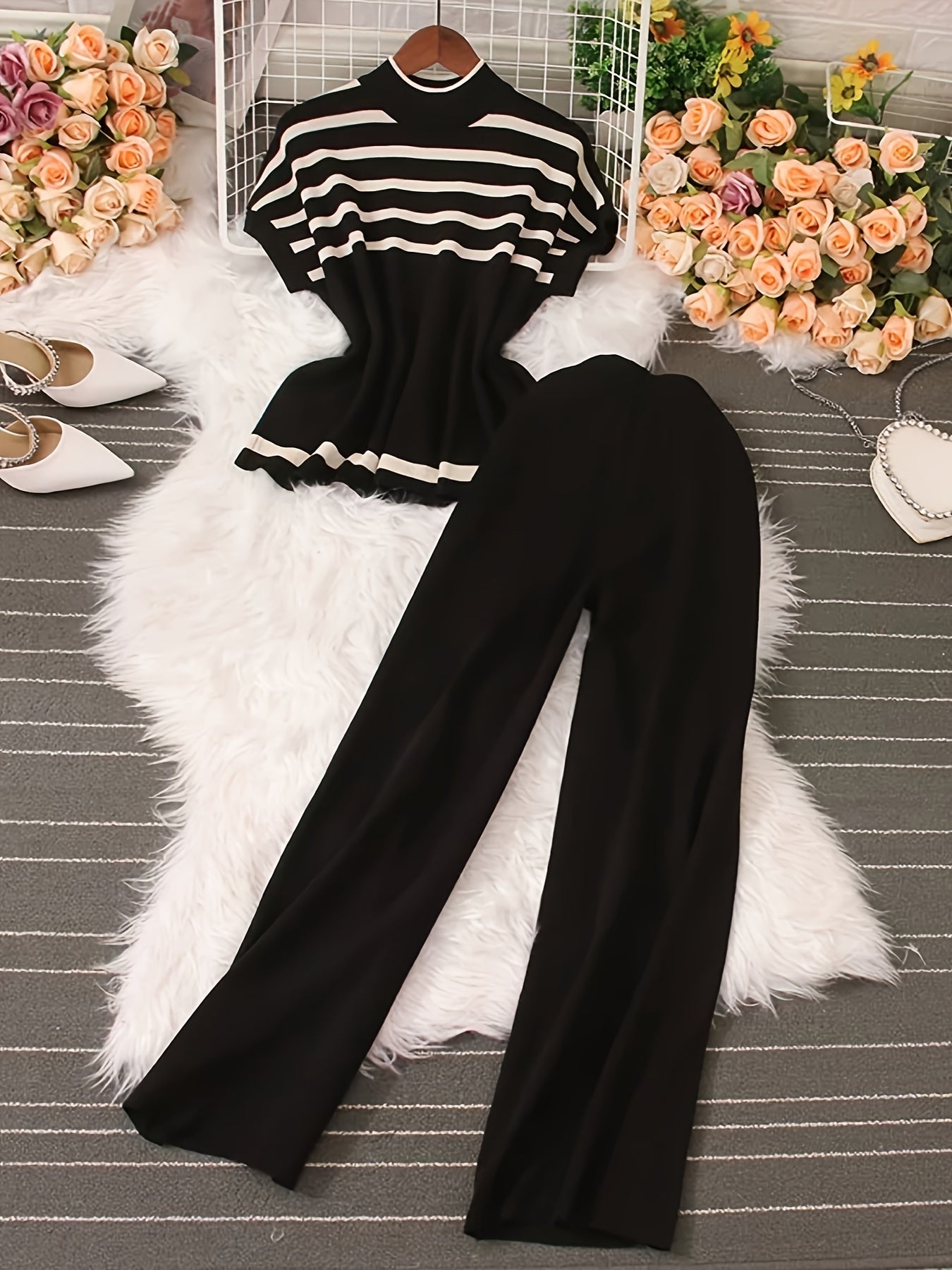 Striped Print Elegant Pantsuit for Women - Crew Neck, Micro Elasticity, Viscose Material, Wide Leg, Batwing Sleeve, Knit Fabric - Perfect for Spring and Summer Outfits - Mammalook