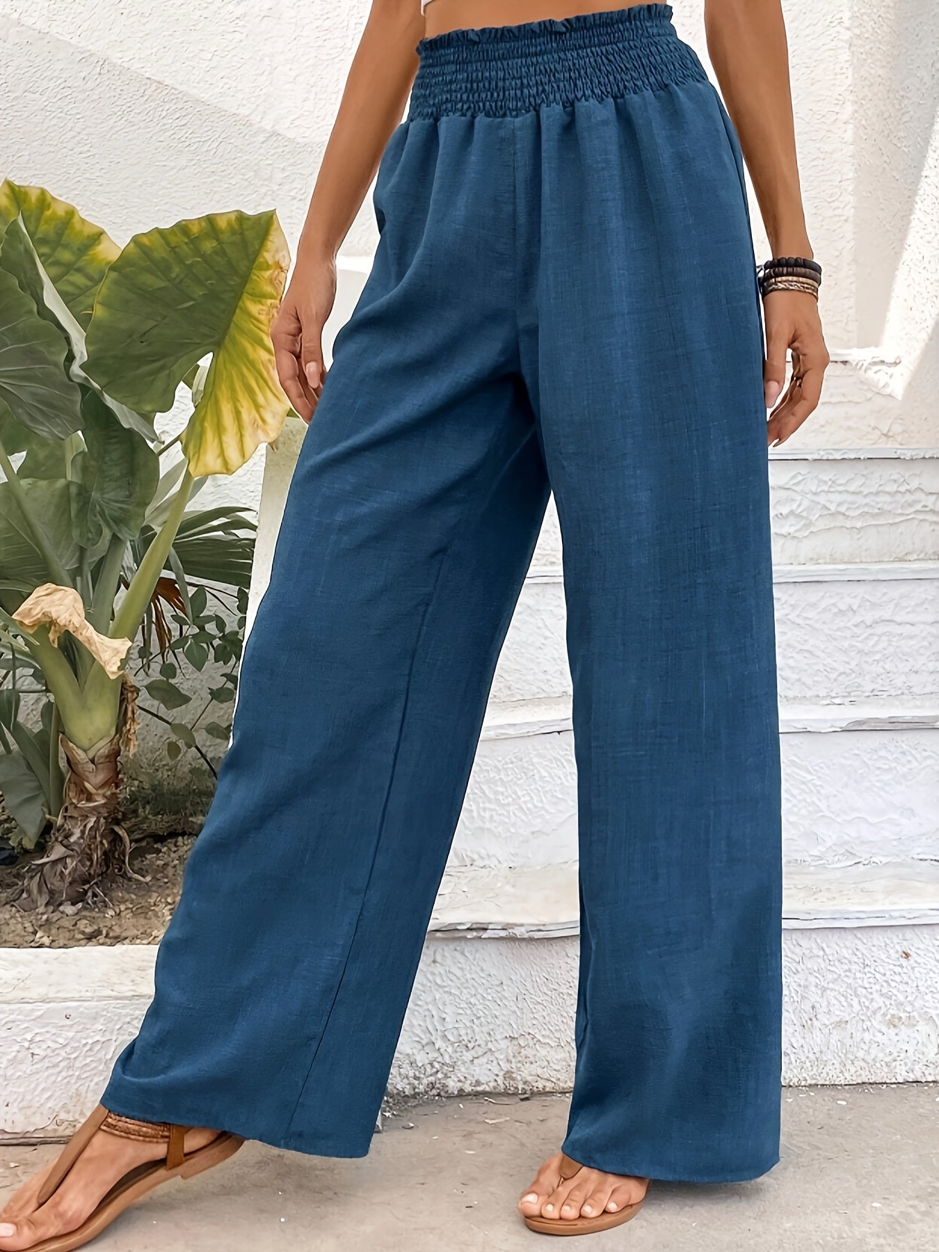 Solid Color Wide Leg Pants, Casual Shirred Loose Pants For Spring & Summer, Women's Clothing - Mammalook