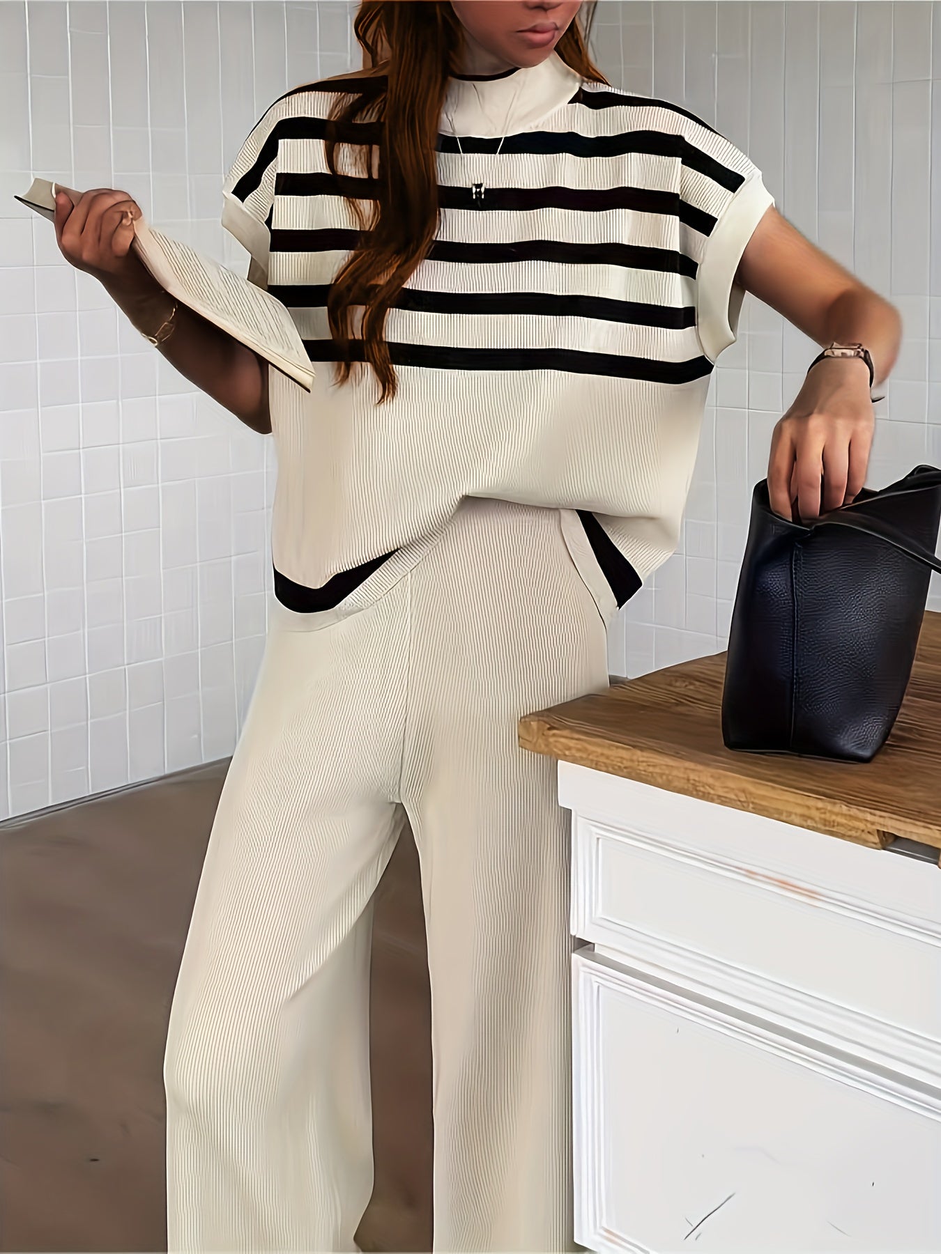 Striped Print Elegant Pantsuit for Women - Crew Neck, Micro Elasticity, Viscose Material, Wide Leg, Batwing Sleeve, Knit Fabric - Perfect for Spring and Summer Outfits - Mammalook