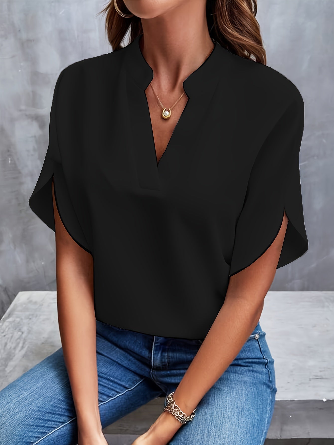 Solid Color Notch Neck Blouse, Casual Short Split Sleeve Blouse For Spring & Summer, Women's Clothing - Mammalook