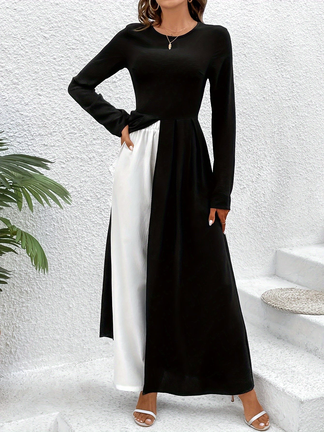 Elegant Color Block Pants Set, Long Sleeve Crew Neck Split Hem Ankle Length Top & Wide Leg Pants Outfits, Women's Clothing - Mammalook