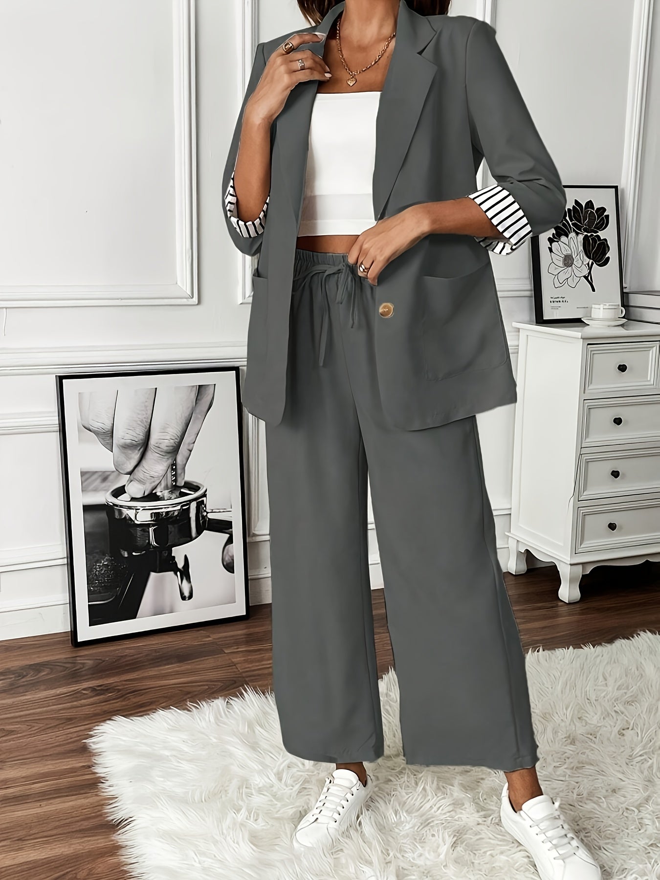 Elegant Two Piece Set, Single-Breasted Pocket Label Neck Striped Three-Quarter Sleeve Blazer & Elastic Waist Wide Leg Pants Outfits, Women's Clothing - Mammalook