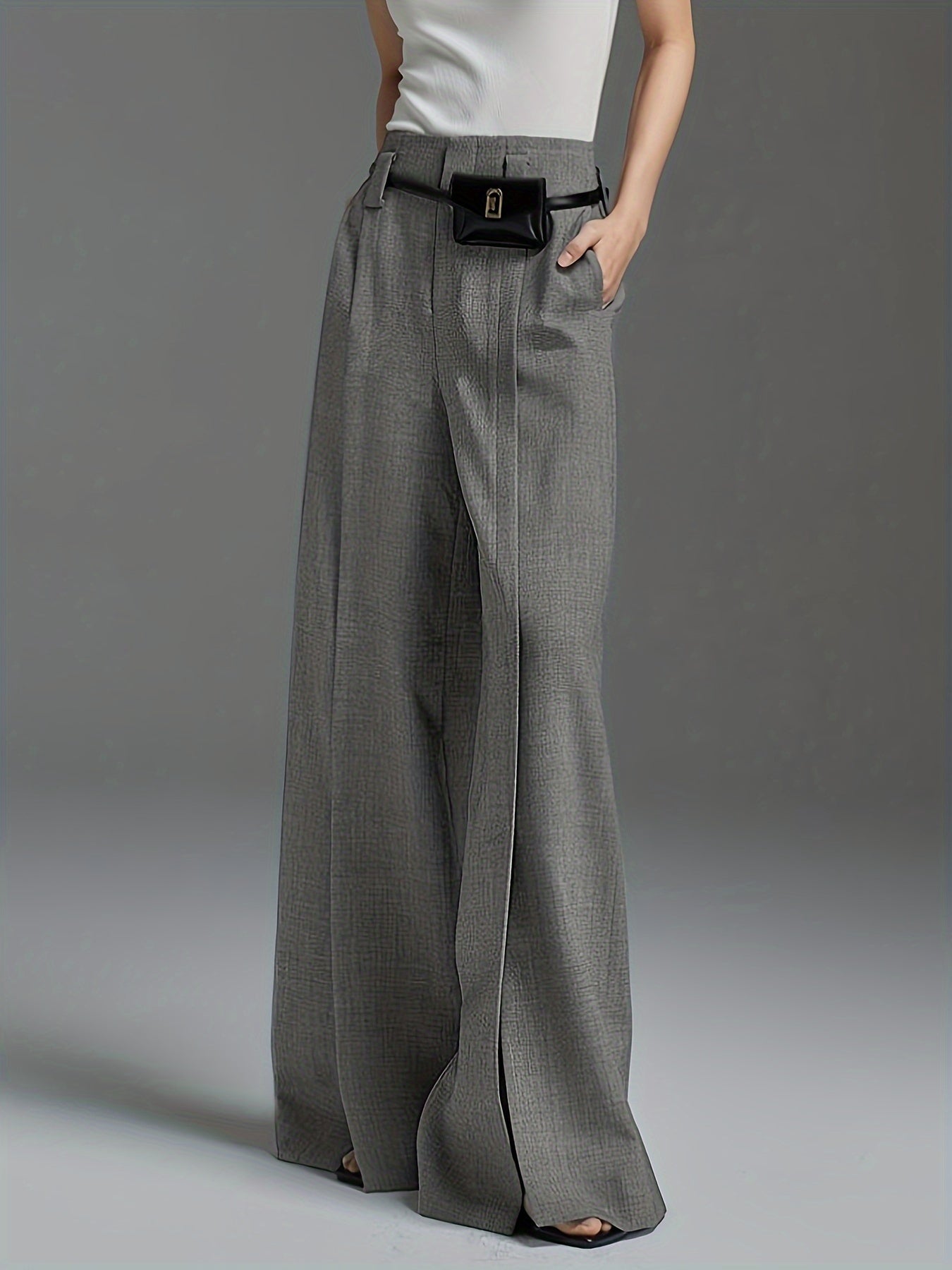 Chic Solid Color Wide Leg Pants - Trendy Casual Split Hem - Ultra-Comfortable Loose Fit for Spring & Summer - Fashionable Womens Suit Pants - Mammalook