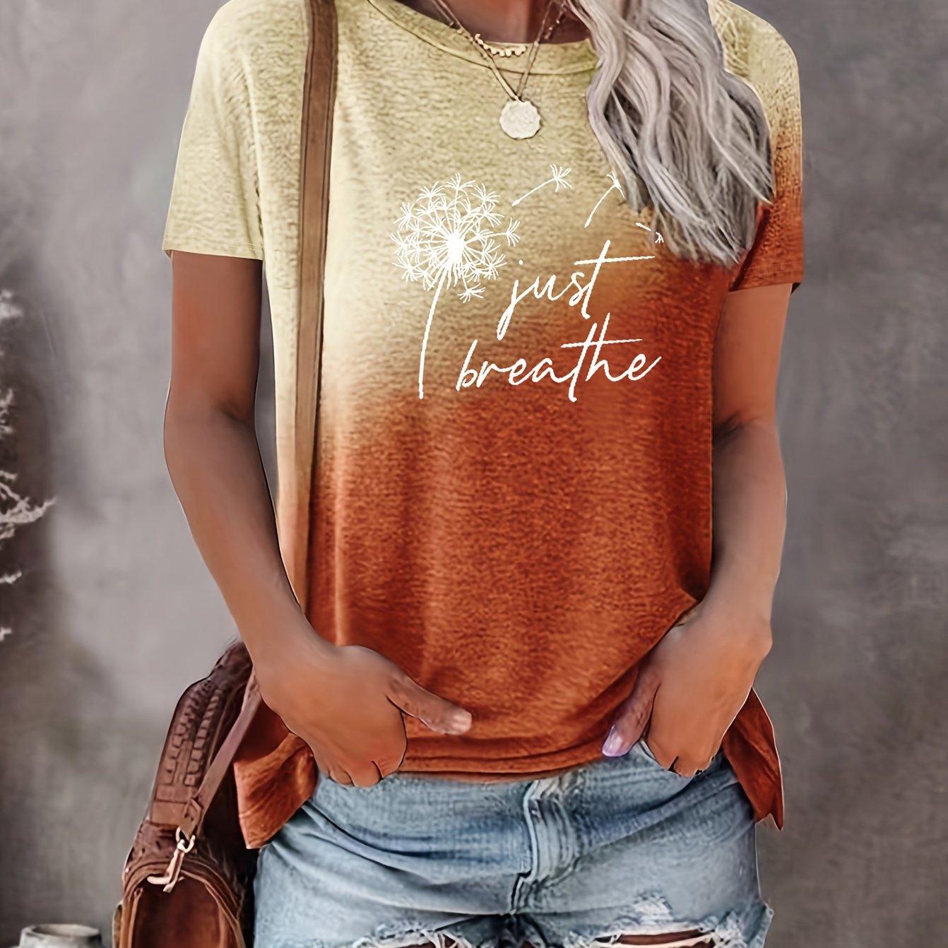 Just Breathe & Dandelion Print T-shirt, Casual Crew Neck Short Sleeve Top, Women's Clothing - Mammalook