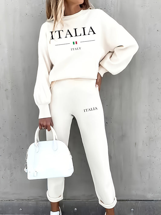 Casual Letter Print Pants Set, Crew Neck Long Sleeve Loose Sweatshirt & Comfy Straight Leg Pants, Women's Clothing - Mammalook