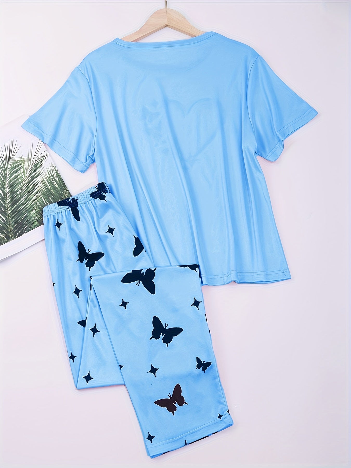 Women's Heart & Butterfly Print Pajama Set - Comfortable Short Sleeve Top and Loose Long Pants for Lounging and Sleeping - Mammalook